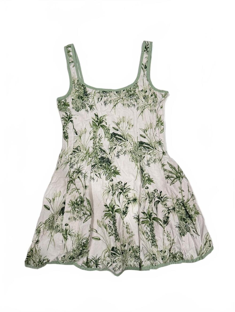 Rachel Zoe Linen Blend Toile Palm Print Mini Sundress Pockets Green White Size 8